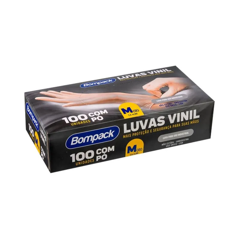 Luvas de Vinil Bompack com Pó Tamanho M 100 Unidades CX 20