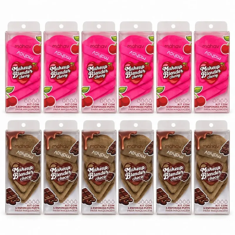 Pacote c/12 Kit 4 Esponjas Puff para Maquiagem Makeup Blender Choco/Cherry Mahav