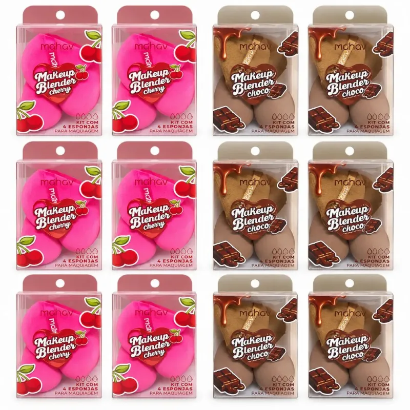 Pacote c/12 Kit 4 Esponjas para Maquiagem Duo Shade Makeup Blender Choco/Cherry Mahav