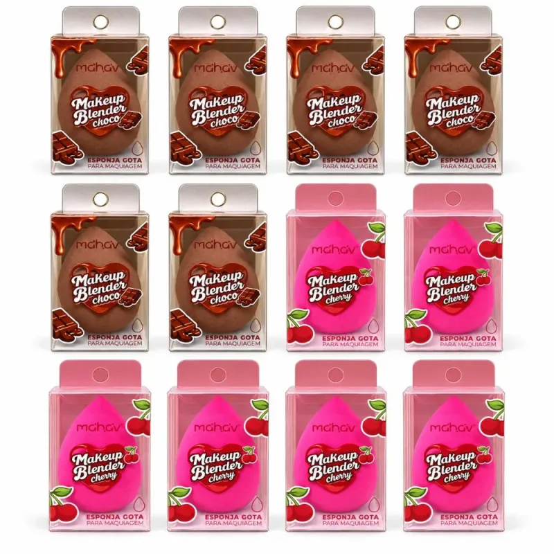 Pacote c/12 Esponja Gota para Maquiagem Choco/Cherry Makeup Blender Drop Mahav