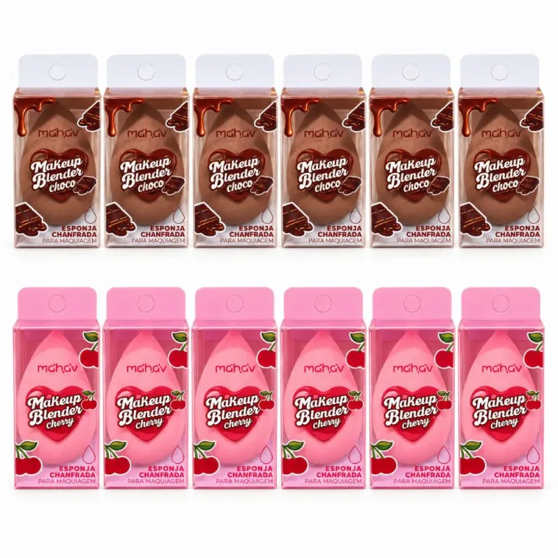 Pacote c/12 Esponja Chanfrada para Maquiagem Choco/Cherry Makeup Blender Cut Mahav