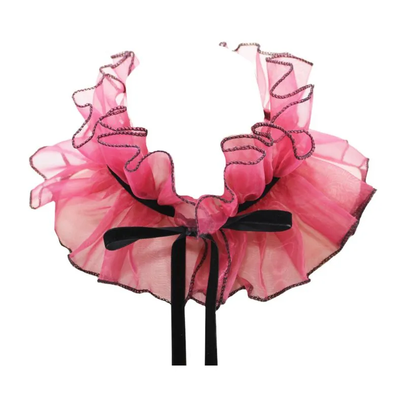 Victorian Vintage Organza Agaric Ruffles Stand Fake Collar Steampunk Stage Cosplay Costume Neck Ruff With Ajustable Ribbon Bowknot - Vinho Tinto