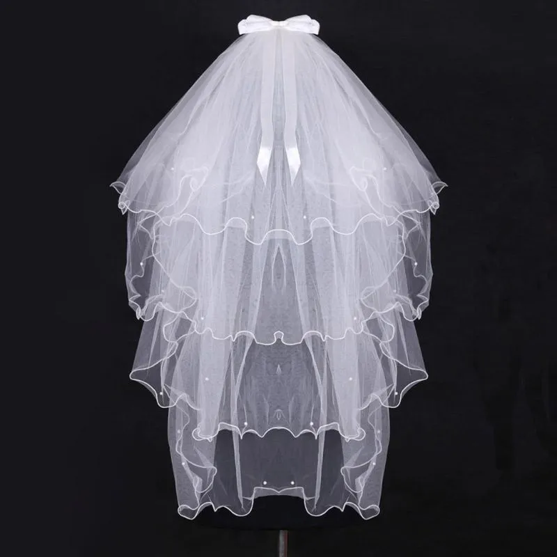 4 Camada Camadas Mulheres Camadas Véu De Casamento Imitação Pérola Pérola Desabordo Fita Bowknot Decor Agaric Wavy Trim Bridal Veil Com Pente - Branc