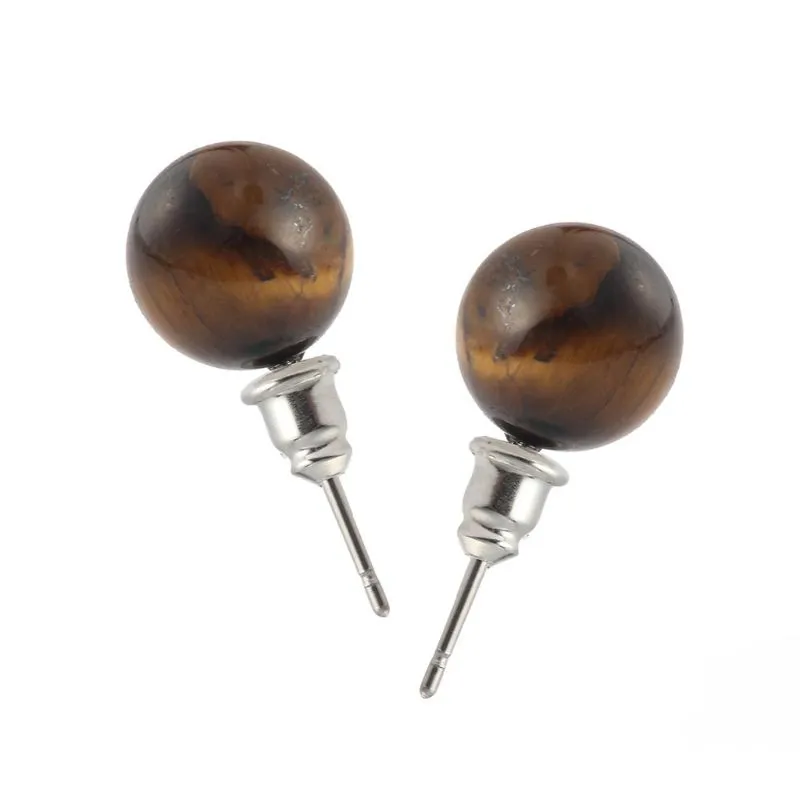 1pair Chic Sweet 10mm Natural Round Gemstone Beads Stud Brincos Presente Para Os Amantes - Âmbar