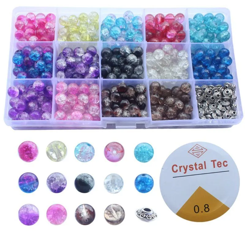 350pcs 14 Cor 8mm Crackle Lampwork Contas Redondas De Vidro Com 50pcs Kit De Cordão De Cordão De Espaço Prateado De 50pcs Para Diy Jewely Making