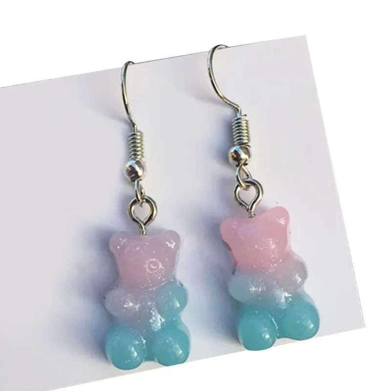 1 Par Moda Adorável Doce Doce Cor Gummy Urso Resin Dangle Brincos De Gota Pequeno Animal Charms Ear Danglers - 2