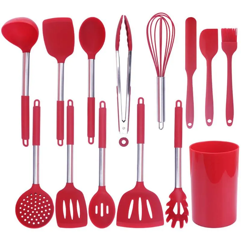 14pcs/conjunto Non Stick Silicone Cozinha Cozinha Cozinha Utensílios Spatula Spoon Egg Beater Cookware Kitchenware Resistente Ao Calor - Vermelho