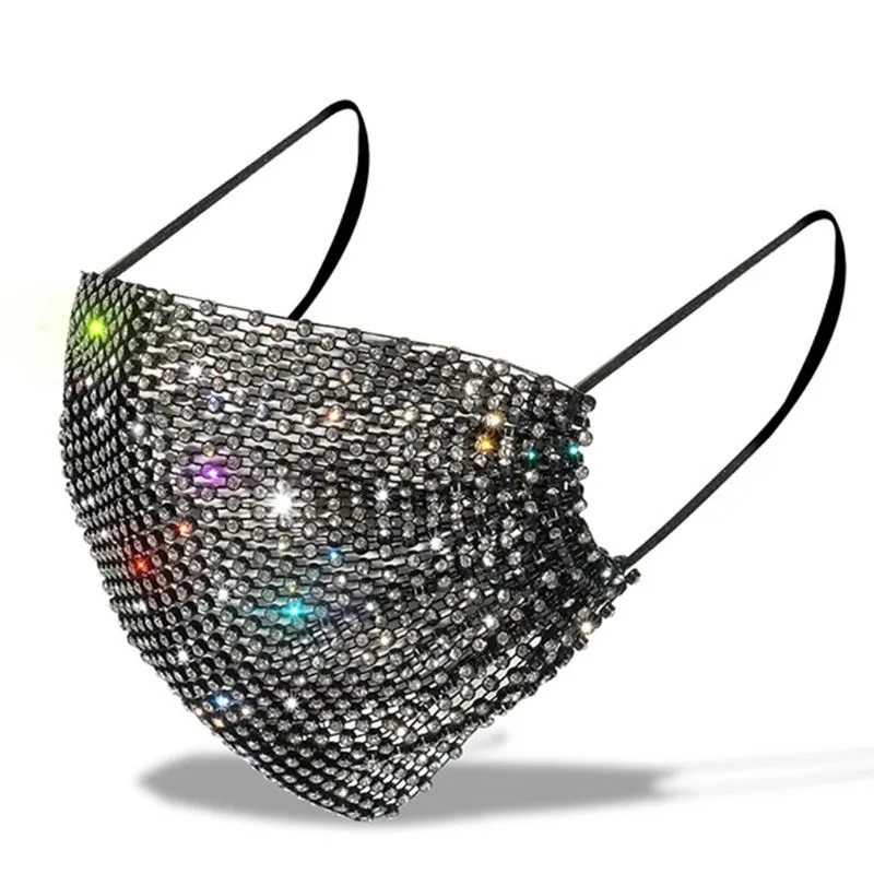 Mesh Face Mask Glitter Crystal Rhinestone Masquerade Party Jewely Mouth Cover - Preto