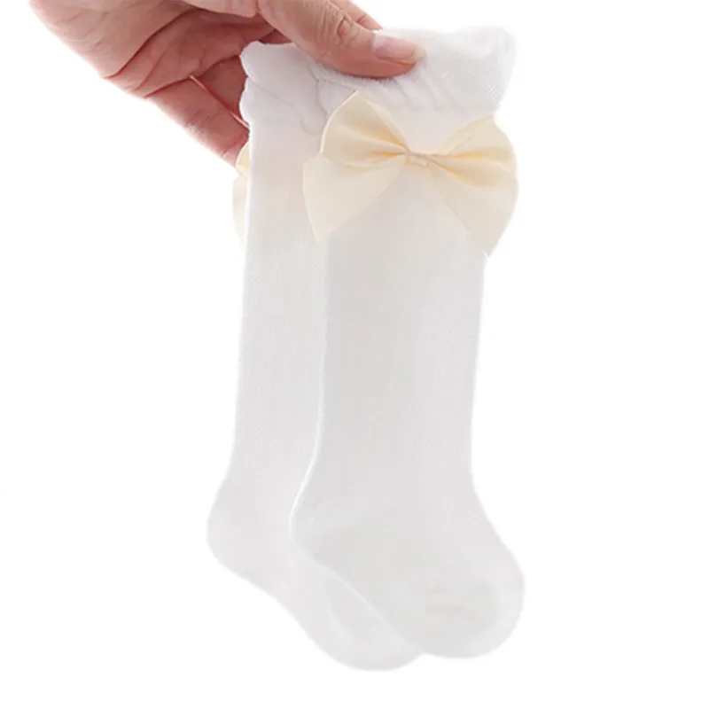Baby Girls Summer Thin Mesh High Tube Socks Bow Anti-mosquito Over Knee Stocking - White - M