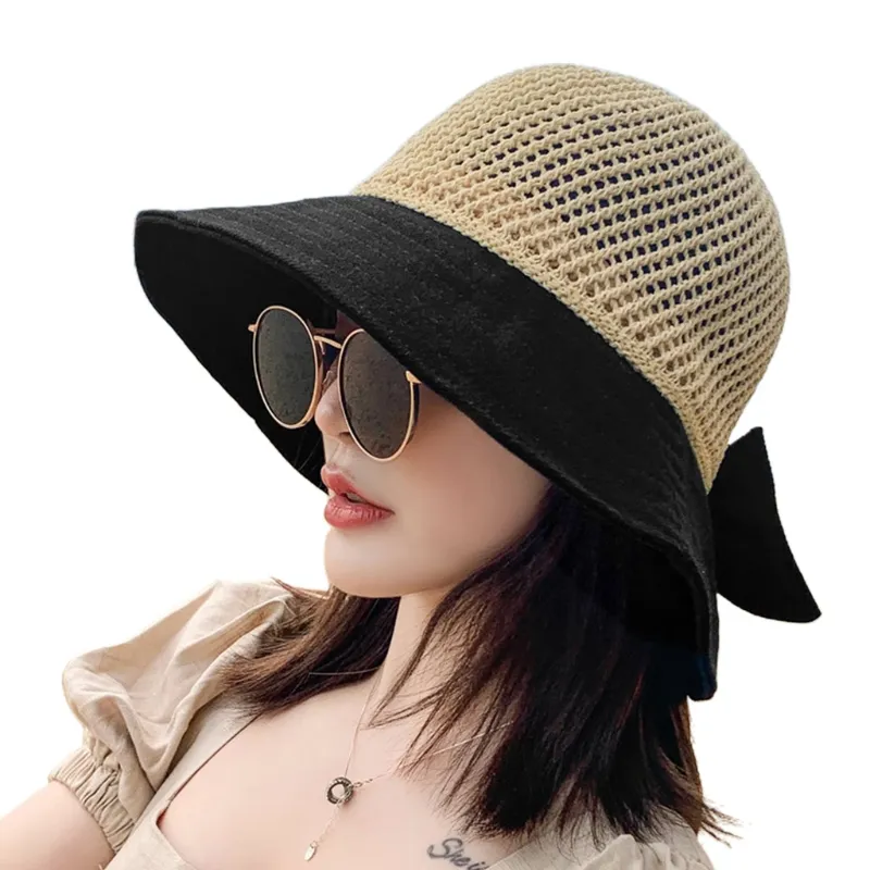 Womens Summer Mesh Top Sun Visor Beach Hat Split Floppy Wide Brim Sweet Bowknot Holiday Outdoor Sunscreen Packable Bucket Cap - Preto