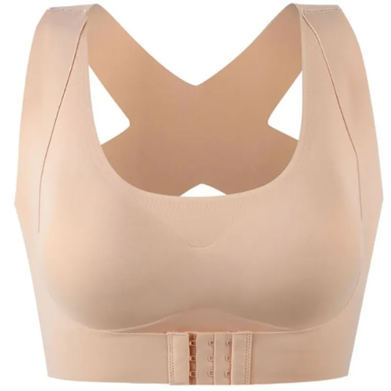 Mulheres 2-em-1 Sem Emenda Sutiã Cueca Primeira Fivela Empurrar Bralette Criss Cross Back Wireless Postura Corrector Tank Top - Skin - M