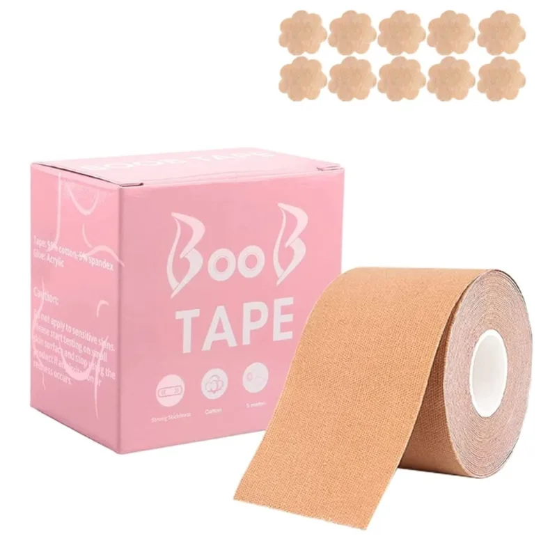 5m/rolo Fita De Peito Elástico Skin-friendly Nipple Cover Sticker Invisible Bras - Cor Da Pele 5cm * 5m + 6cm Flor Tipo 1 Pacote