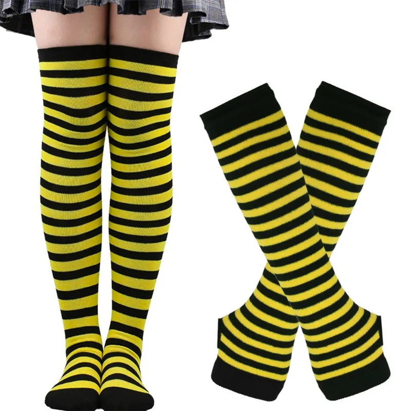Womens Long Socks Striped Arm Warmer Fingerless Gloves Set For Cosplay Party - Yellow Black Bars