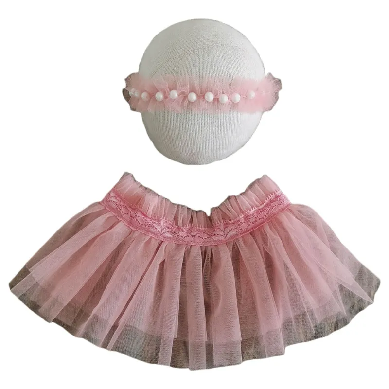 Fotografia Recém-nascida Props Lace Skirt Pearl Headband Set Baby Photo Shooting Costume Posando Assistente Acessório Fotografie - 23-21