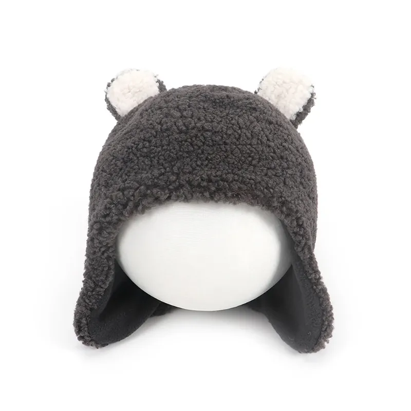 Baby Cute Bear Ears Earflap Hat Winter Warm Plush Cap Beanie Toddler Boys Girls Gifts - Cinza Escuro