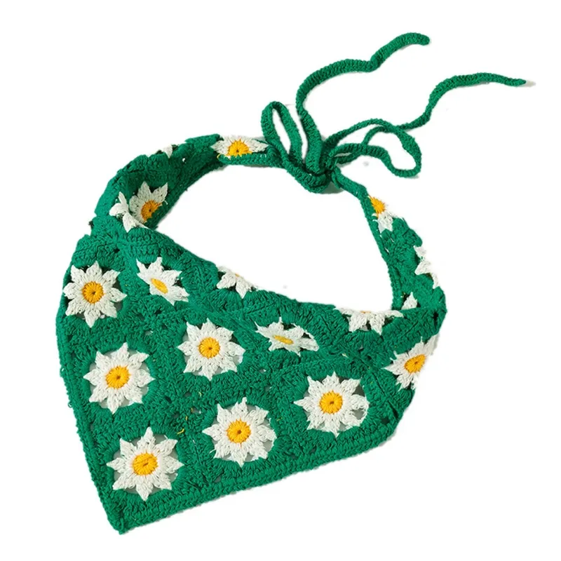Malha Floral Bandana Cabeça De Crochê Envolvê Cabelo Largo Cachecol Adorável Acessórios De Cabelo Elástico Amarrar Cabeça De Pé - Verde Escuro