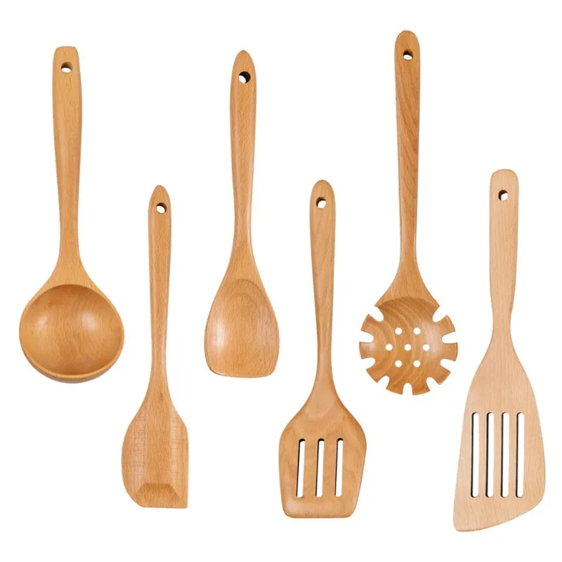 6pcs Madeira Cozinha Utensílios Definir Ferramentas De Panela De Colher De Espátula Ranhurada Não-stick