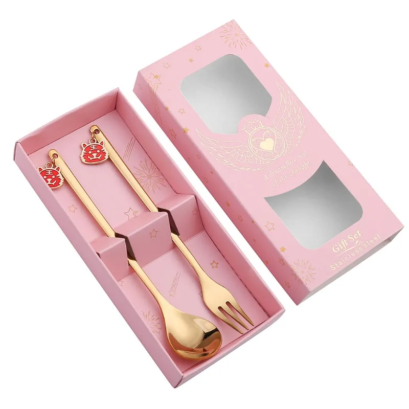 Colheres De Aço Inoxidável E Garfos Definidos Para Comer Macarrão Purê E Mingau Tiger Padrão Pendante Colher Fork Criativo - Rosa