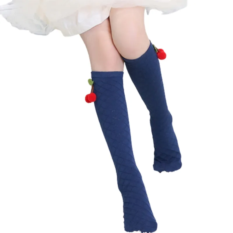 Crianças Solid Color Lovely Sock Kids Meninas Meias Bonitas Cherry Knee High Stocking - Marinha