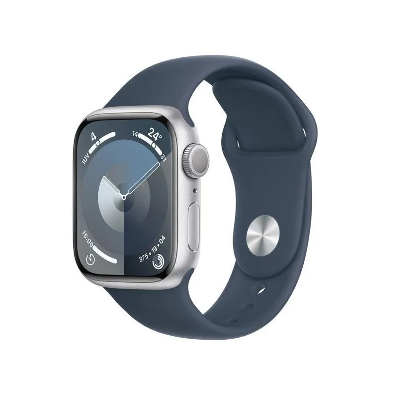 Apple Watch Series 9 GPS • Caixa prateada de alumínio – 41 mm • Pulseira esportiva azul-tempestade – P/M