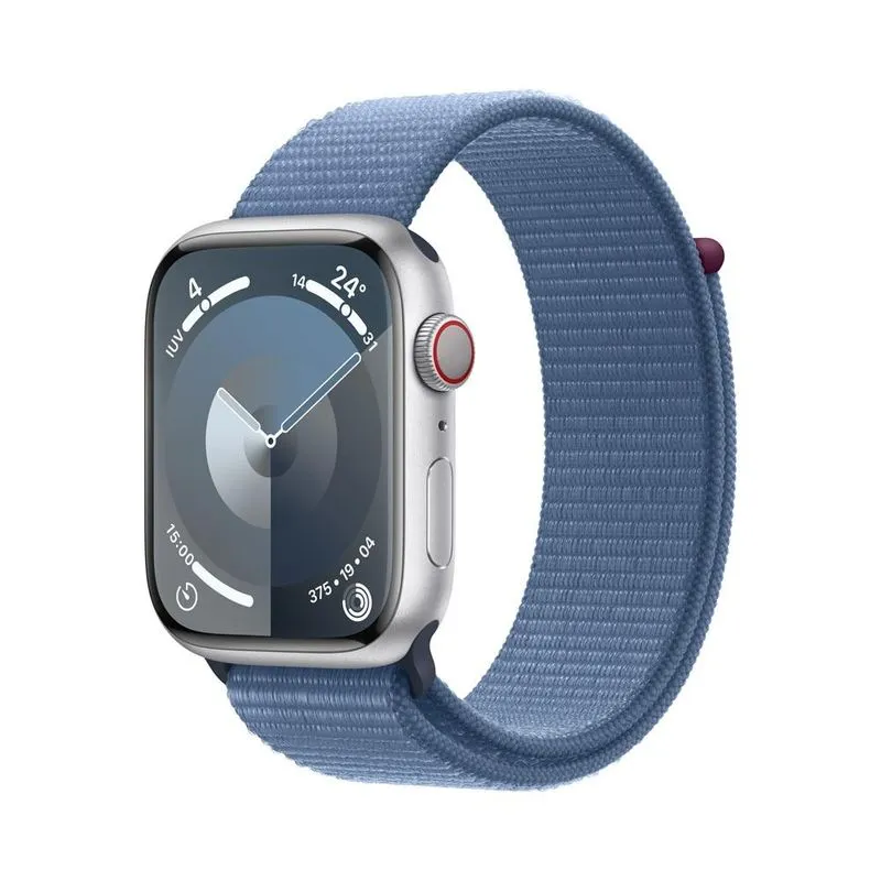 Apple Watch Series 9 GPS + Cellular • Caixa prateada de alumínio – 45 mm • Pulseira loop esportiva azul-inverno (neutro em carbono)