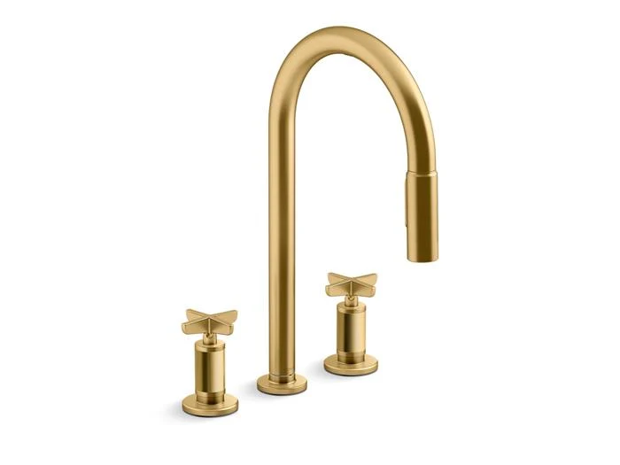 Kohler - Billet Touchless Widespread Pull-Down Kitchen Faucet - Cross Handles Vibrant Brushed Moderne Brass