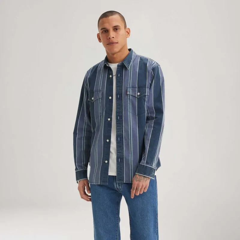 Camisa Levi's® Relaxed Fit Western Azul com Listras Manga Longa XXL USA | EGG BR