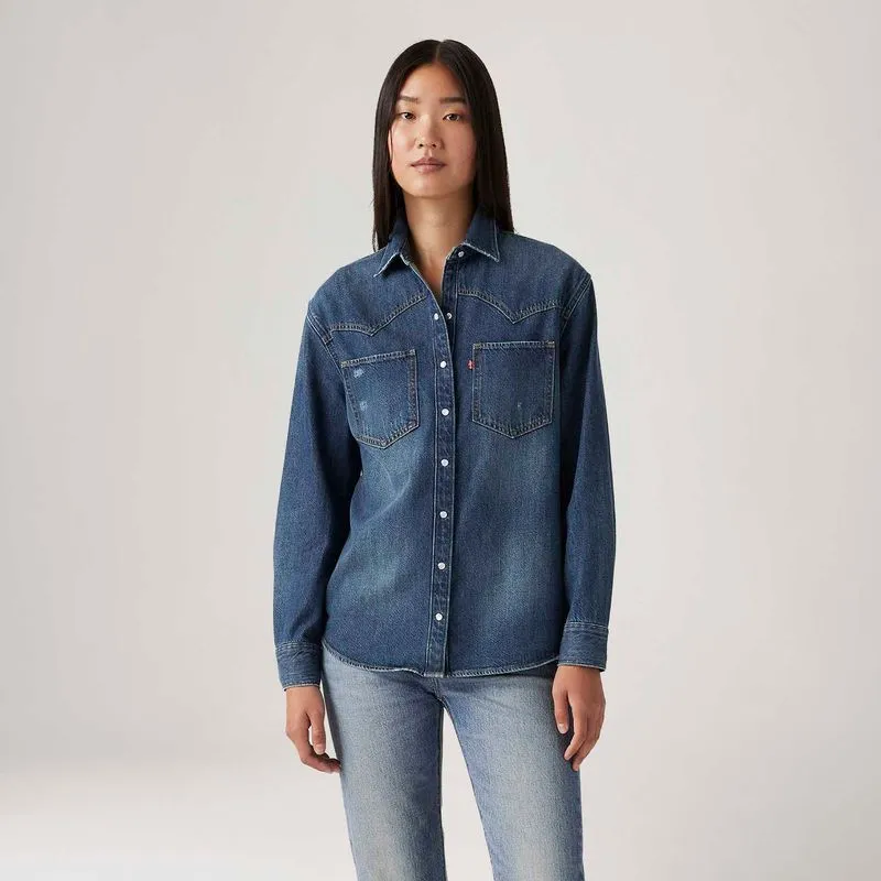 Camisa Jeans Levi's® Teodora Western Lavagem Média - S USA | P BR