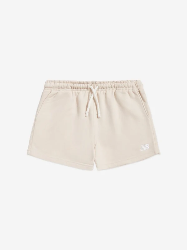 New Balance Girls French Terry Small Logo Shorts in Beige Beige / 6 - 7 Yrs