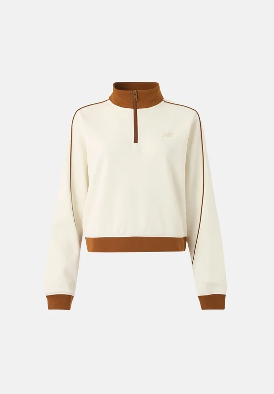 NEW BALANCE Felpa mezza zip panna e marrone da donna M