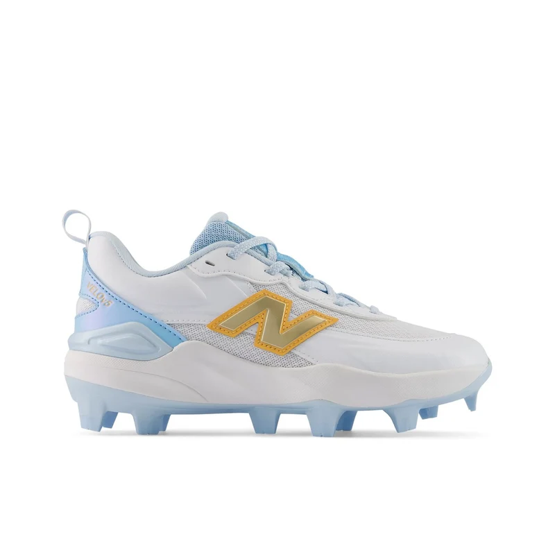 New Balance Girls' Velo v5 Softball Cleats White/Team Sky Blue/Gold / 6.5 / Standard