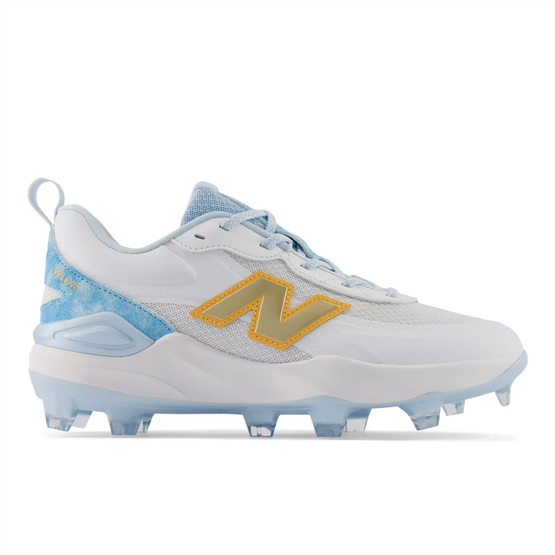 New Balance Women's Velo v5 Molded Softball Cleats White/Team Sky Blue/Gold / 6.5 / Standard