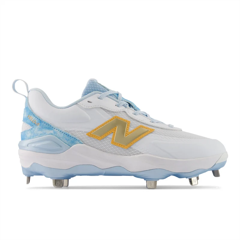 New Balance Women's Velo v5 Metal Softball Cleats White/Team Sky Blue/Gold / 8 / Wide