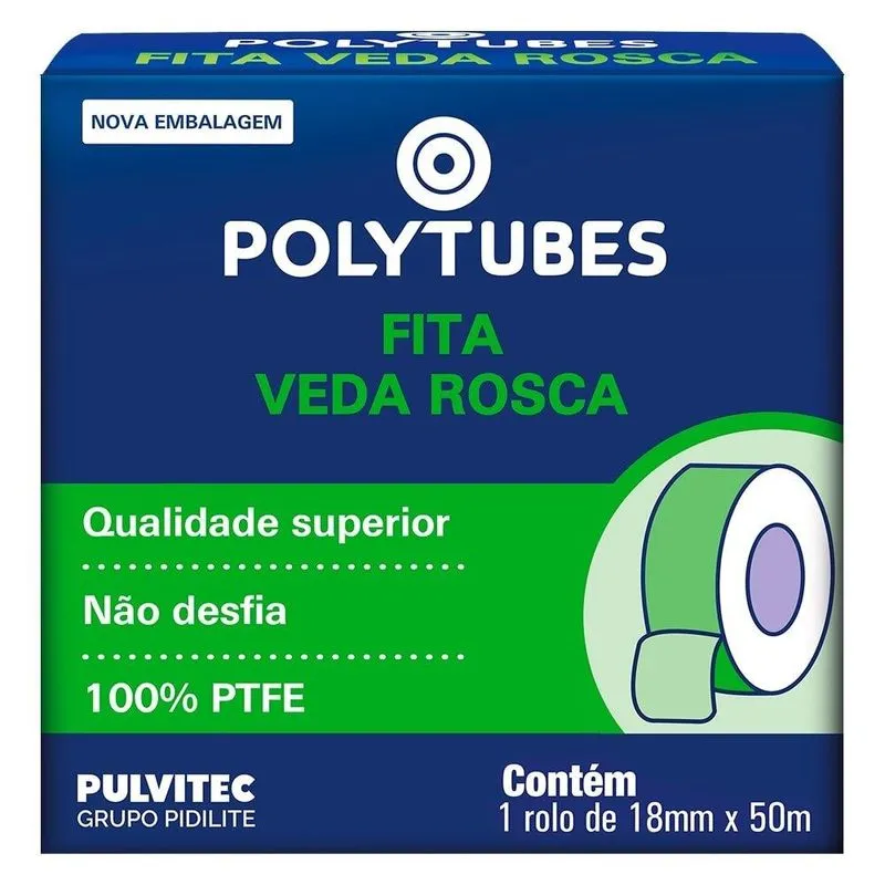 Fita Veda Rosca Pulvitec Polytubes 18mmx50m - Embalagem Com 30 Unidades
