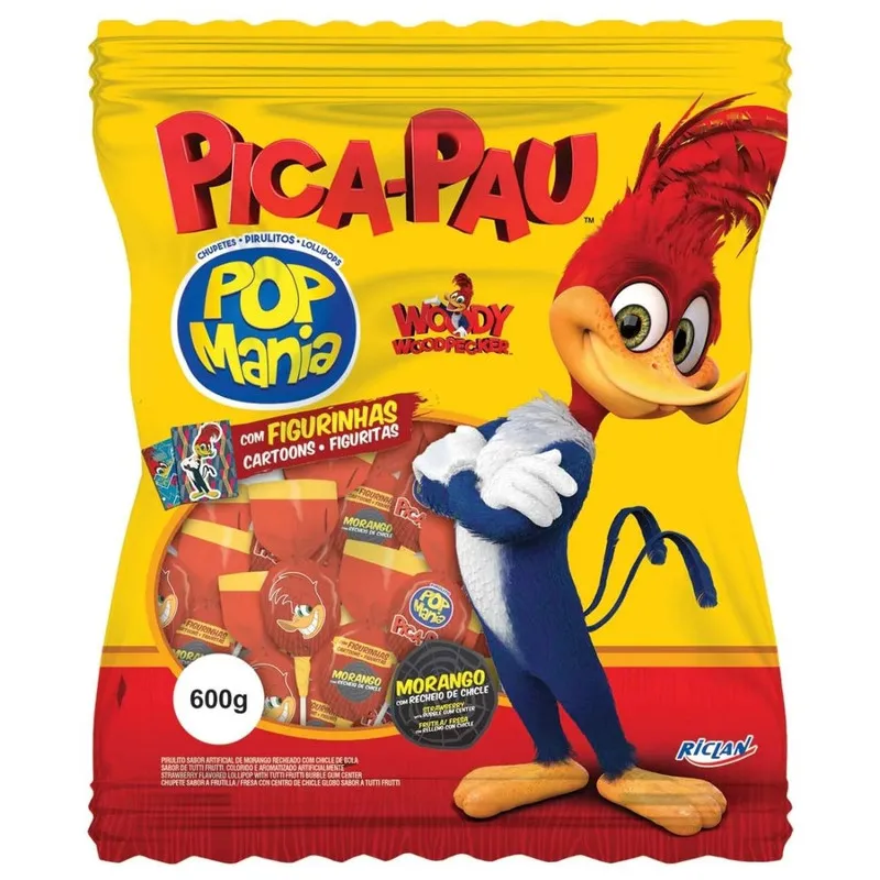 Pirulito de Morango com Recheio de Chiclete Pop Mania Picapau Pacote 600g