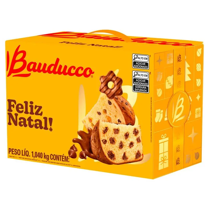 Cesta de Natal + Panetone com Gotas de Chocolate + Pão de Mel com Cobertura Chocolate ao Leite Bauducco 1,04Kg