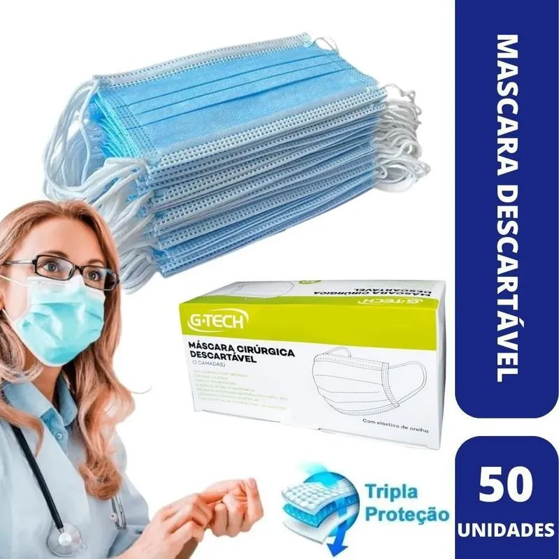 Máscara Descartável Tripla Azul Com Elástico (c/50) - G-tech