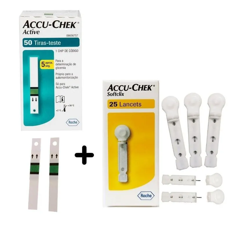 Combo Fita Glicemia Cx C/50 Active + 25 Lancetas - Roche