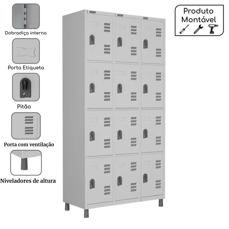 Roupeiro de AÇO 12 Portas Smart 1850 X 110 X 400 Cinza Smart - W3