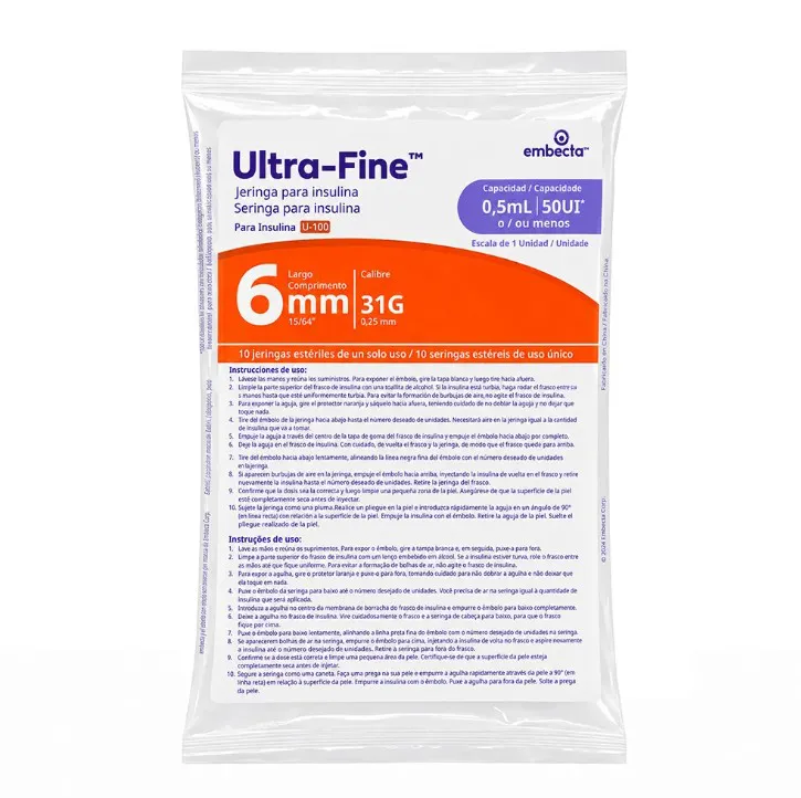 Seringa Para Insulina com Agulha 0,5ML 50UI 6MM X 0,25MM (PCT C/10 UND) - Embecta