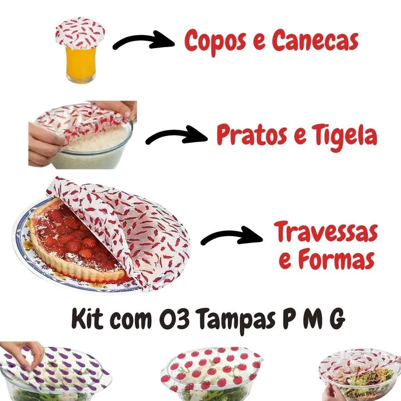 Jogo Com 03 Tampas Plásticas Com Elástico Para Alimentos