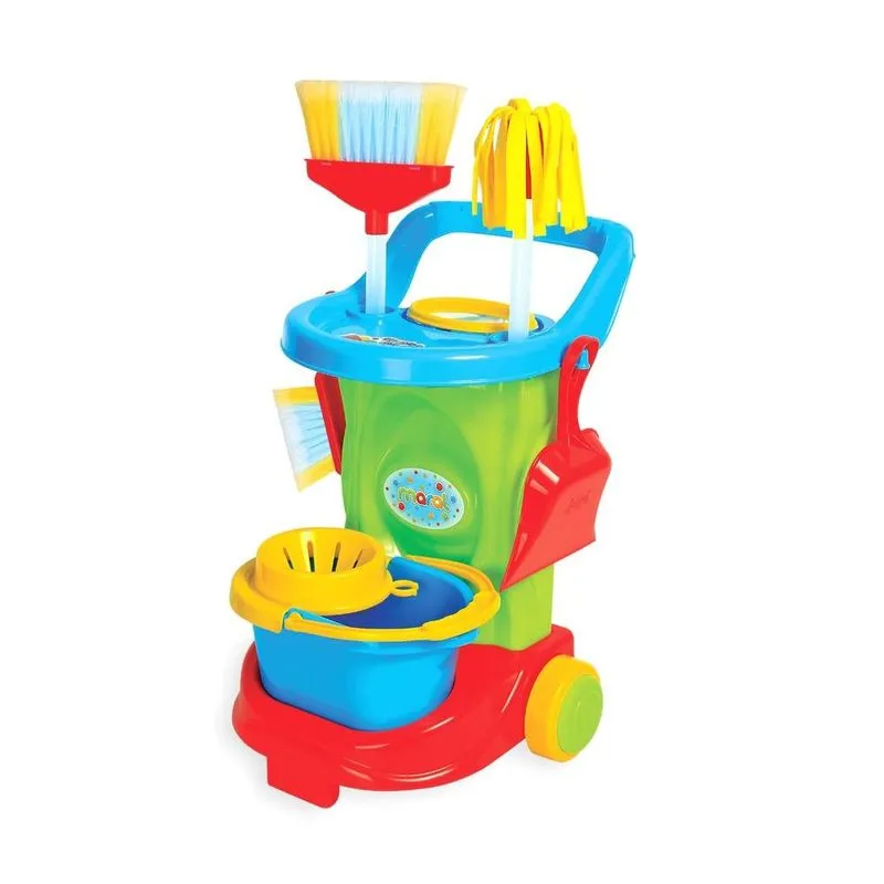 Carrinho de Limpeza Infantil Completo Super Colorido com Vassoura Esfregão Balde e Espanador Limpa de Verdade