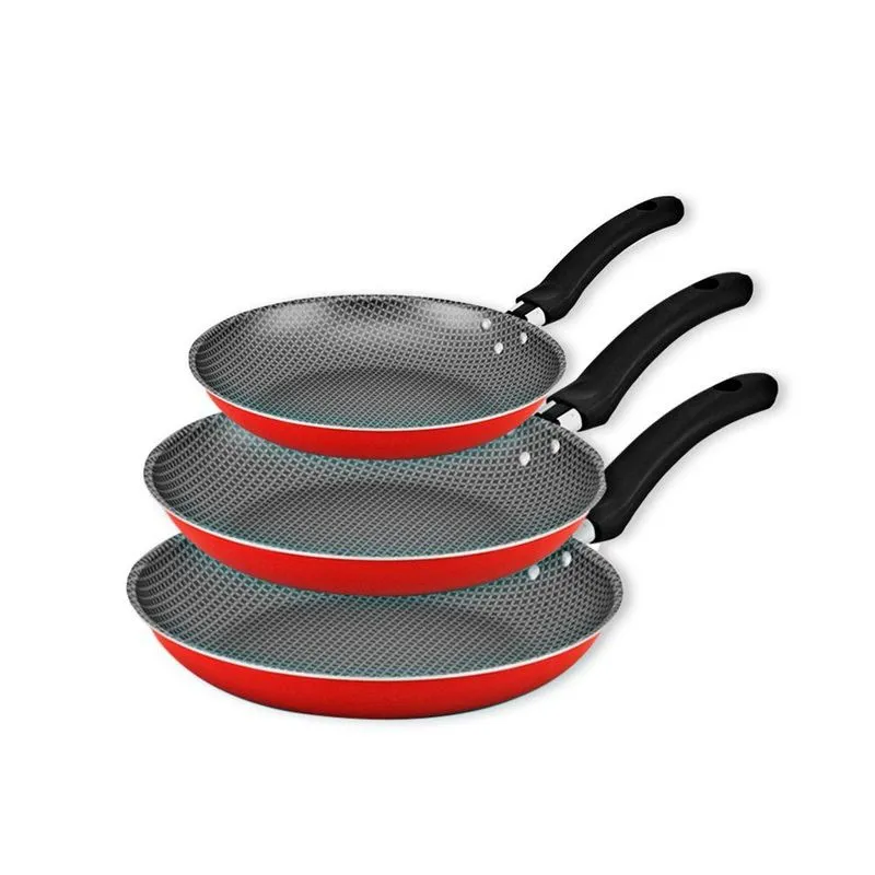 Kit com 03 Frigideiras Vermelho Praticidade e Estilo em Alumínio Antiaderente 16cm 20cm 24cm com Cabo Baquelite