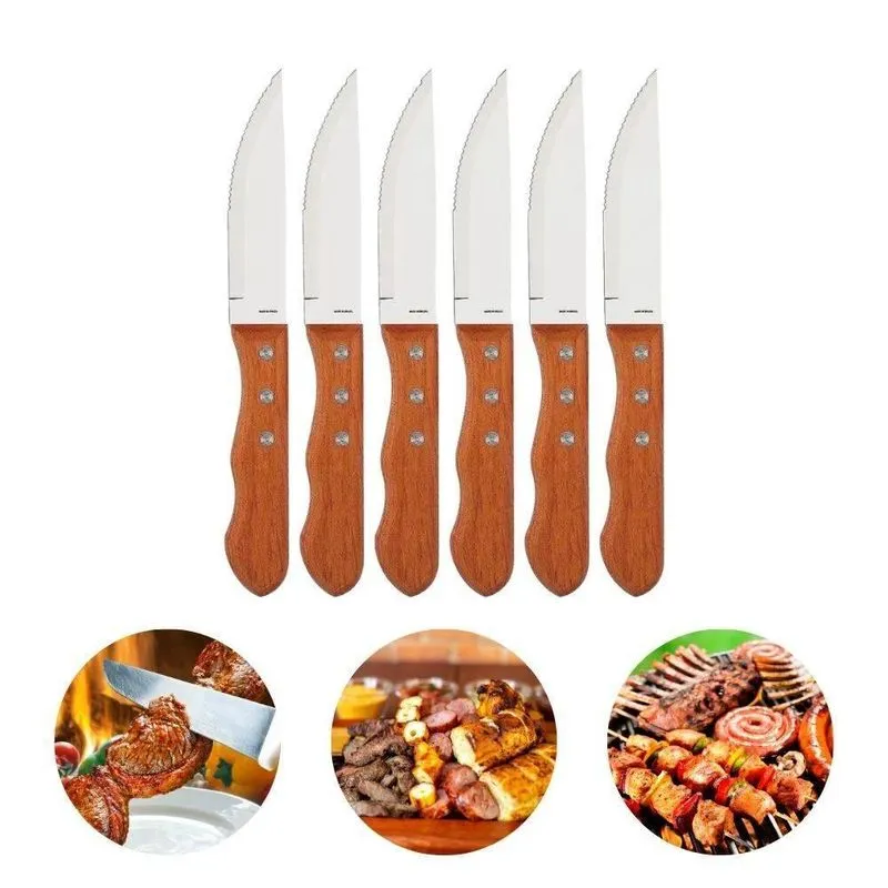 Conjunto 06 Facas Premium Churrasco Aço Inox Cabo Madeira