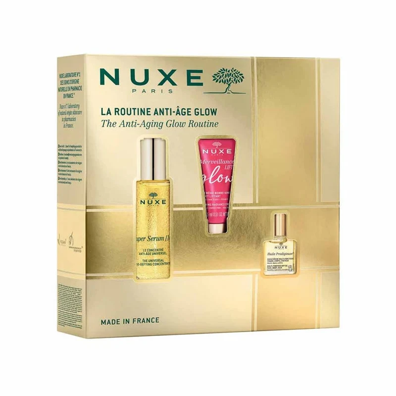 Anti-Aging Glow Routine Set Nuxe: Super Serum [10], Vegan, Anti-Ageing, Day & Night, Serum, For Face & Neck, 30 ml + Merveillance Lift, Glow Firming, Cream, For Face, 15 ml + Huile Prodigieuse Rich Multi-Purpose, Body Oil, For Face, Body & Hair, 10 ml