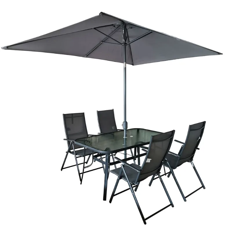 Set 6 piezas mesa cuadrada + 4 sillas + sombrilla negro