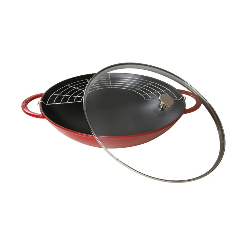 Caçarola wok com tampa vidro, 37 cm, Cereja, Ferro Fundido