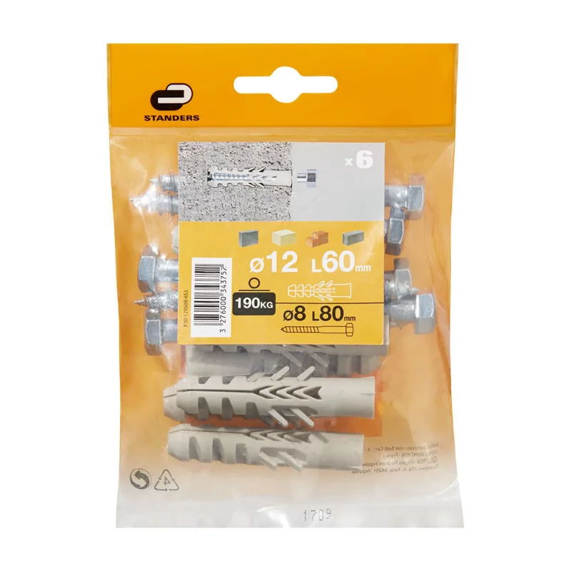 Tornillo + Tarugo 12x60mm x 6 unidades Standers