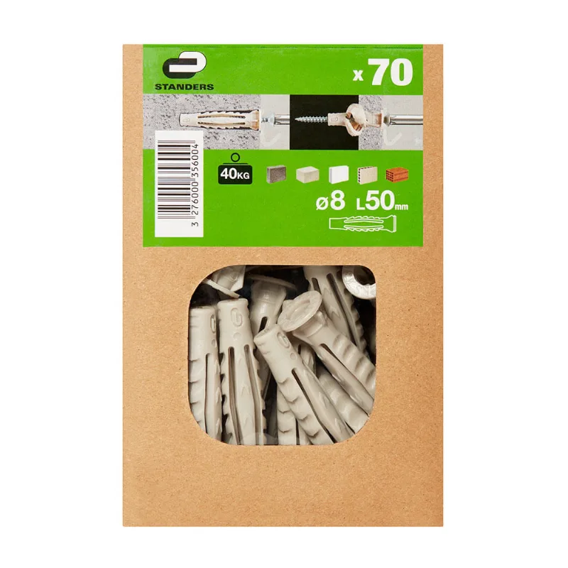 Tarugo Nylon 8x50mm Standers Gris Pack de 70 Unidades