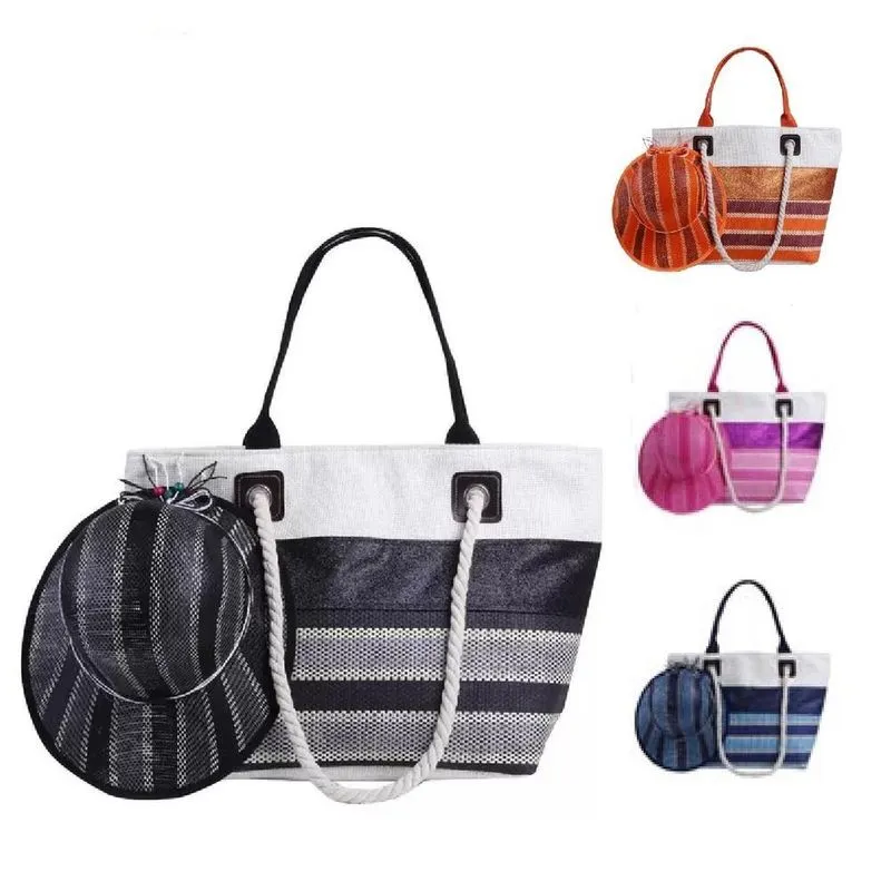 Kit Bolsa Feminina Praia Piscina Com Chapeu Viseira Blogueira Alça Dupla Impermeavel Academia Viagem Preto